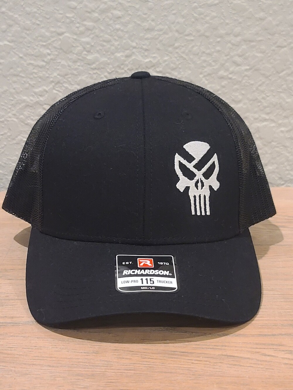 New Punisher Skull Trucker Hat Richardson 115 Black/Black Mesh Snapback  MD/LG